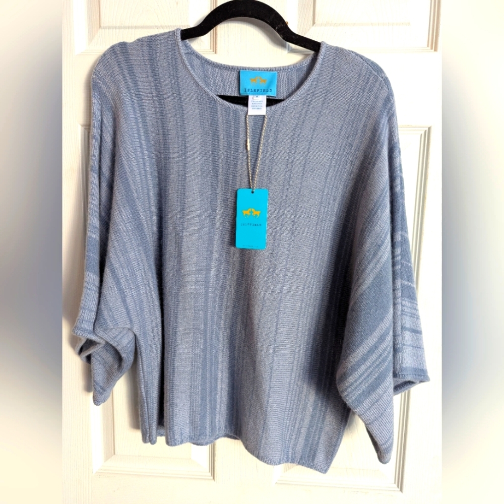 Women's Blue Stripe Cashmere Sweater With Dolman sleeves.